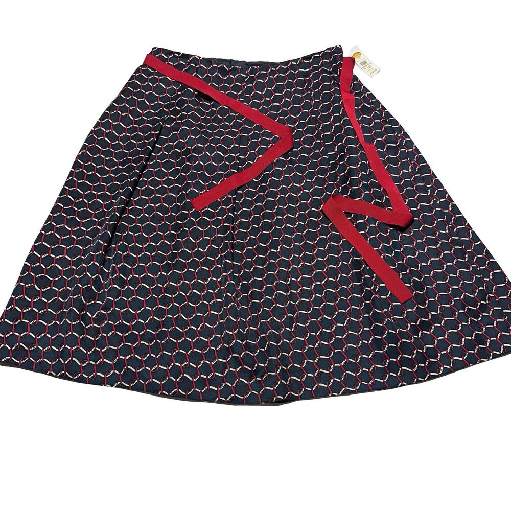 Talbots Pleated Silk Skirt Size 12 W Red White Navy A Line Tie Belt NWT